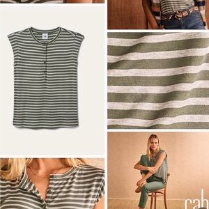 NWT CAbi Olive and White Striped Short Sleeve Top